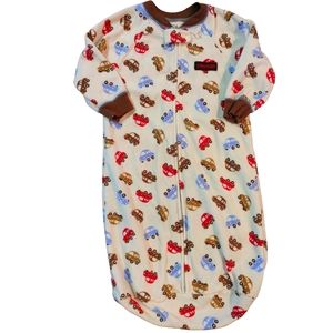 🍁2/$7🍁CHILD OF MINE Cream Brown Blue Car Print Fleece Sleep Sack Pajamas 0-9m